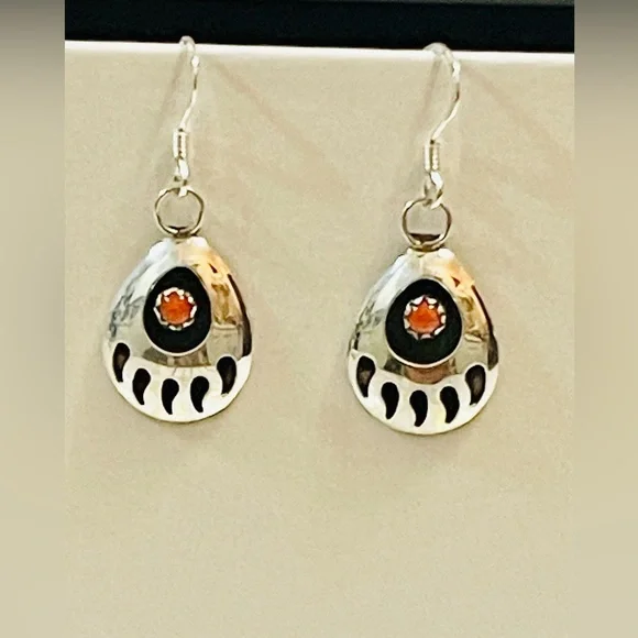 Native American Navajo Sterling Silver & Coral Bear Paw Dangle Earrings - - Picture 2 of 5